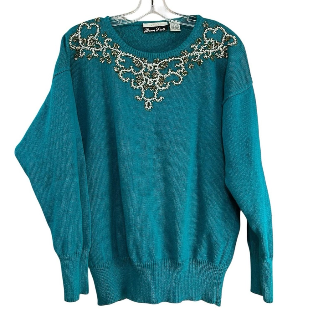 Vtg‎ 90s Teal Beaded Knit Sweater Sz M Pearl Sequin Embellished Y2K Soft Glam